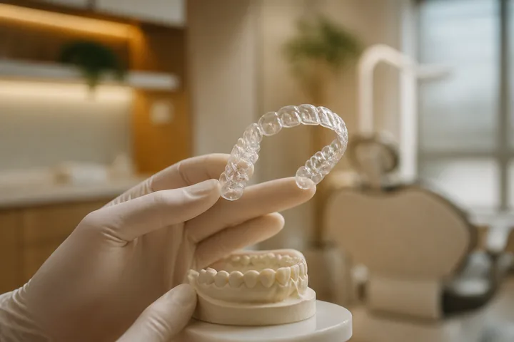 Alinhador transparente sendo apresentado sobre um modelo dental