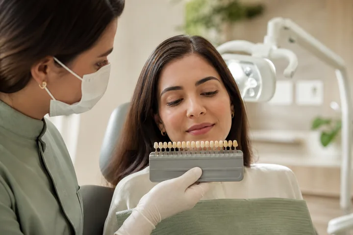 Dentista comparando uma escala de cor dental com a paciente