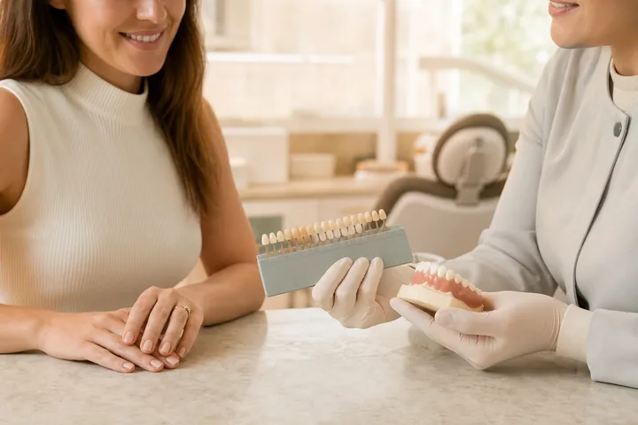 Dentista apresentando uma escala de cores e um modelo dental