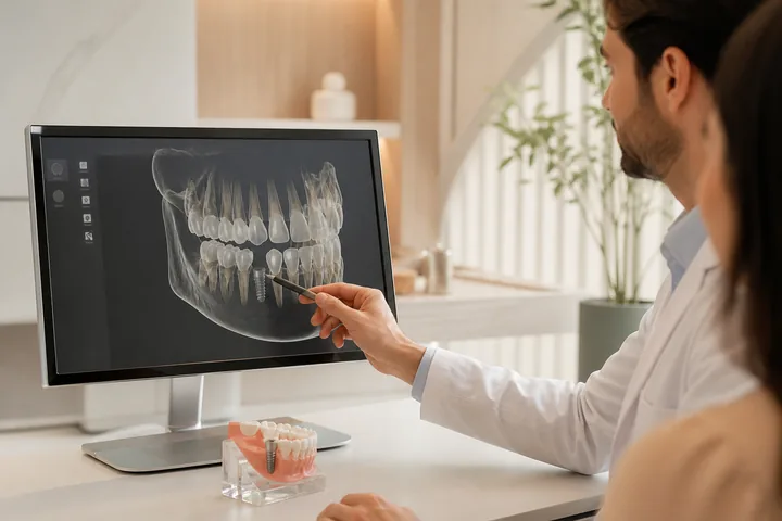 Dentista planejando um implante em uma imagem odontológica digital