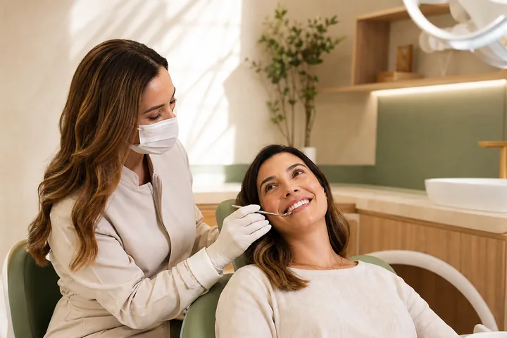 Dentista realizando uma avaliação preventiva confortável