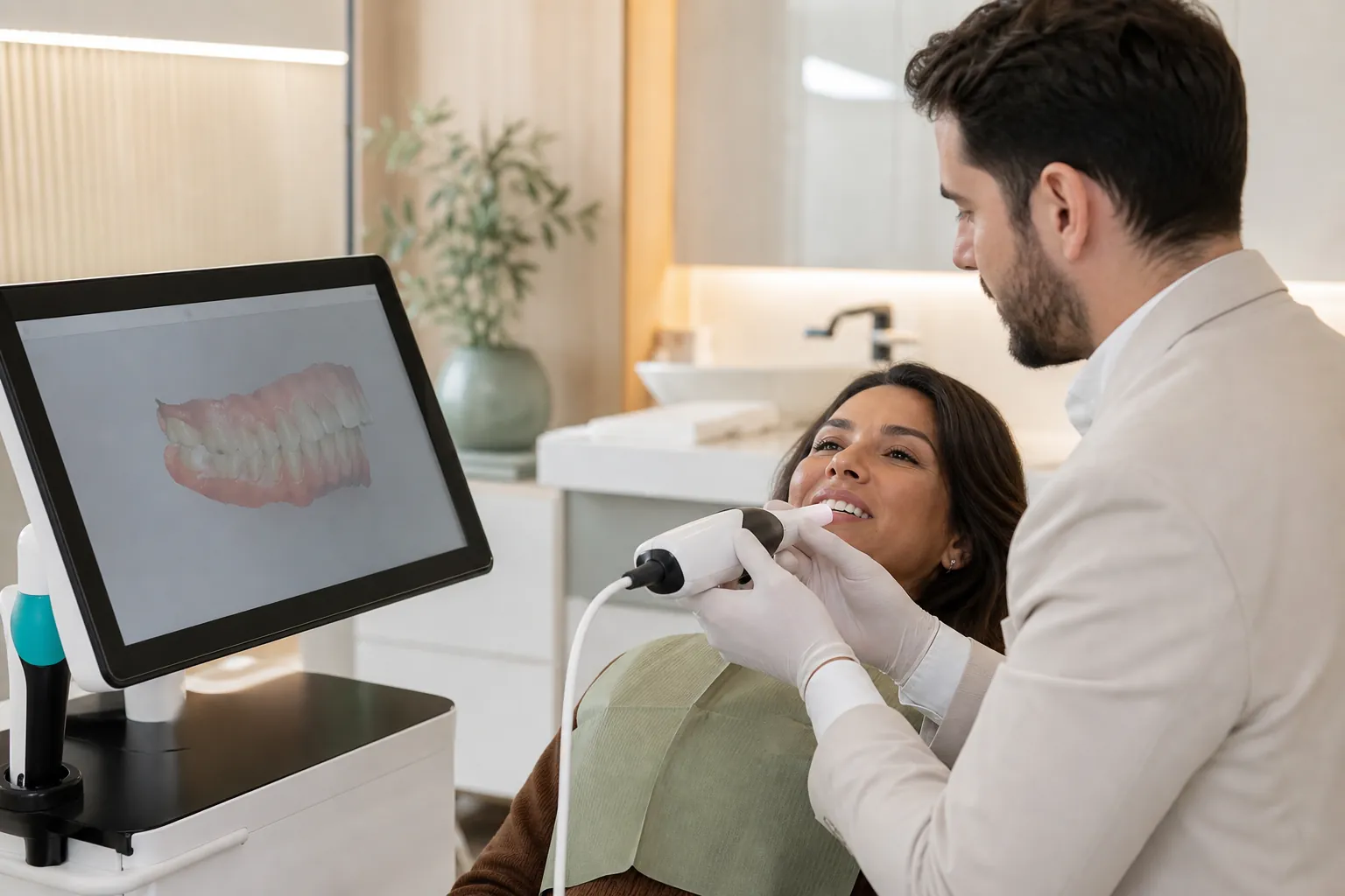 Dentista utilizando scanner intraoral durante o planejamento digital de uma paciente