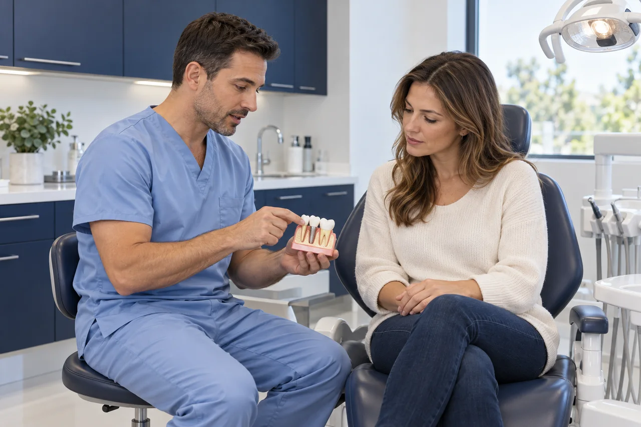 Dentista explicando um modelo odontológico à paciente — cena ilustrativa gerada
