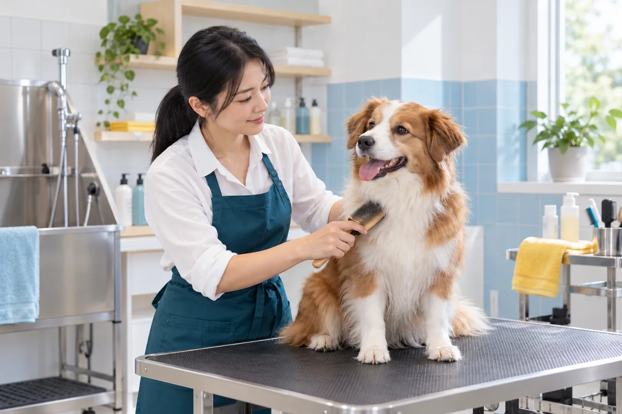 Profissional de banho e tosa escovando um cachorro — cena ilustrativa gerada