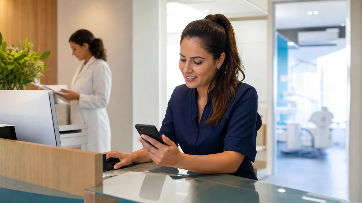 Equipe de clínica odontológica recebendo um contato pelo celular