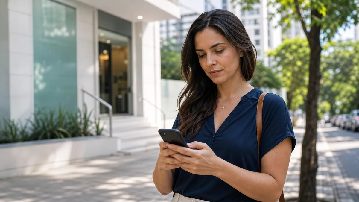 Paciente pesquisando uma clínica odontológica pelo celular