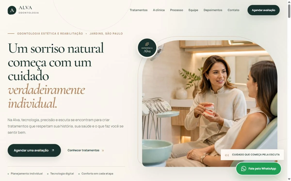 Página inicial clara e editorial da Alva Odontologia