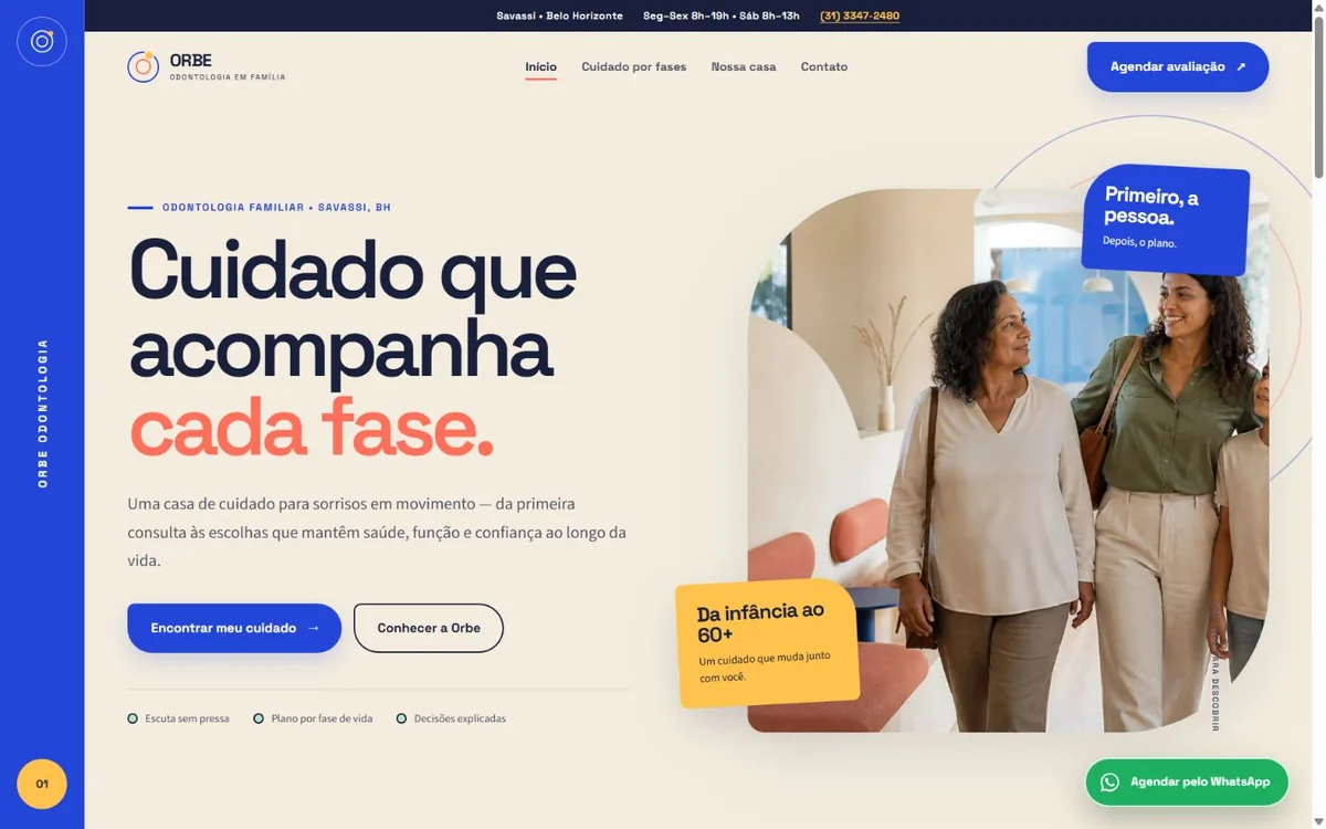 Página inicial colorida e modular da Orbe Odontologia