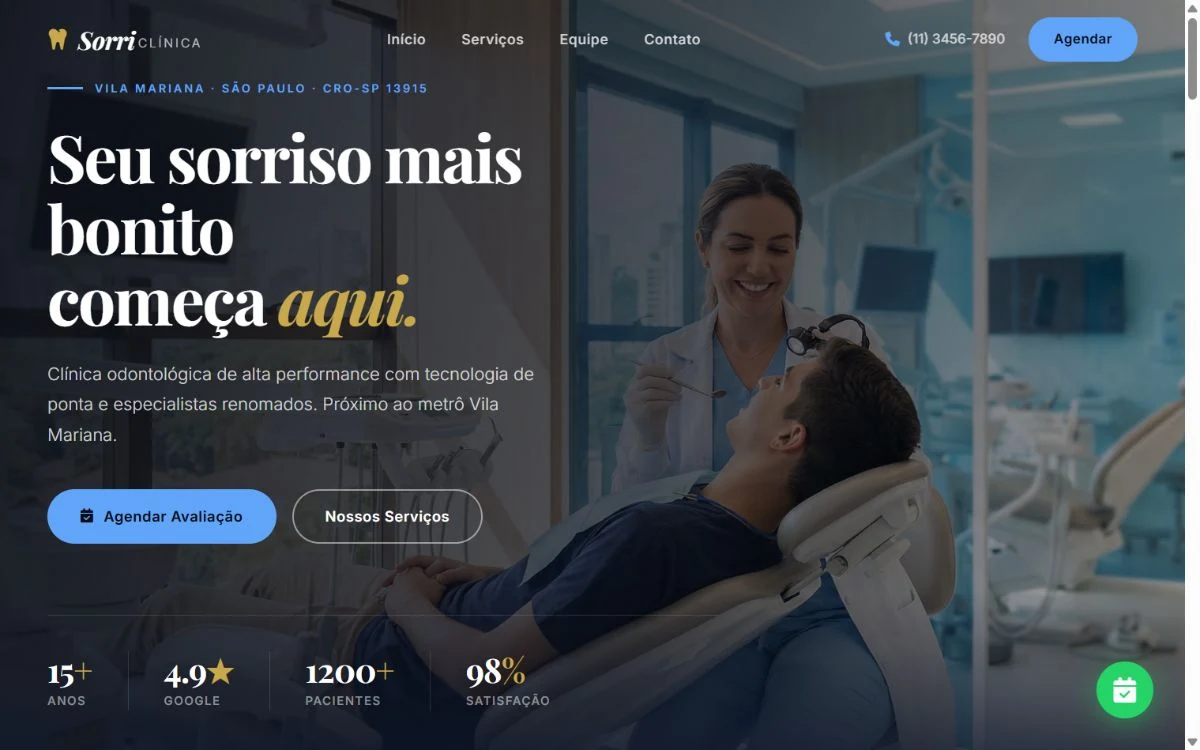 Página inicial escura e tecnológica da Sorriclínica